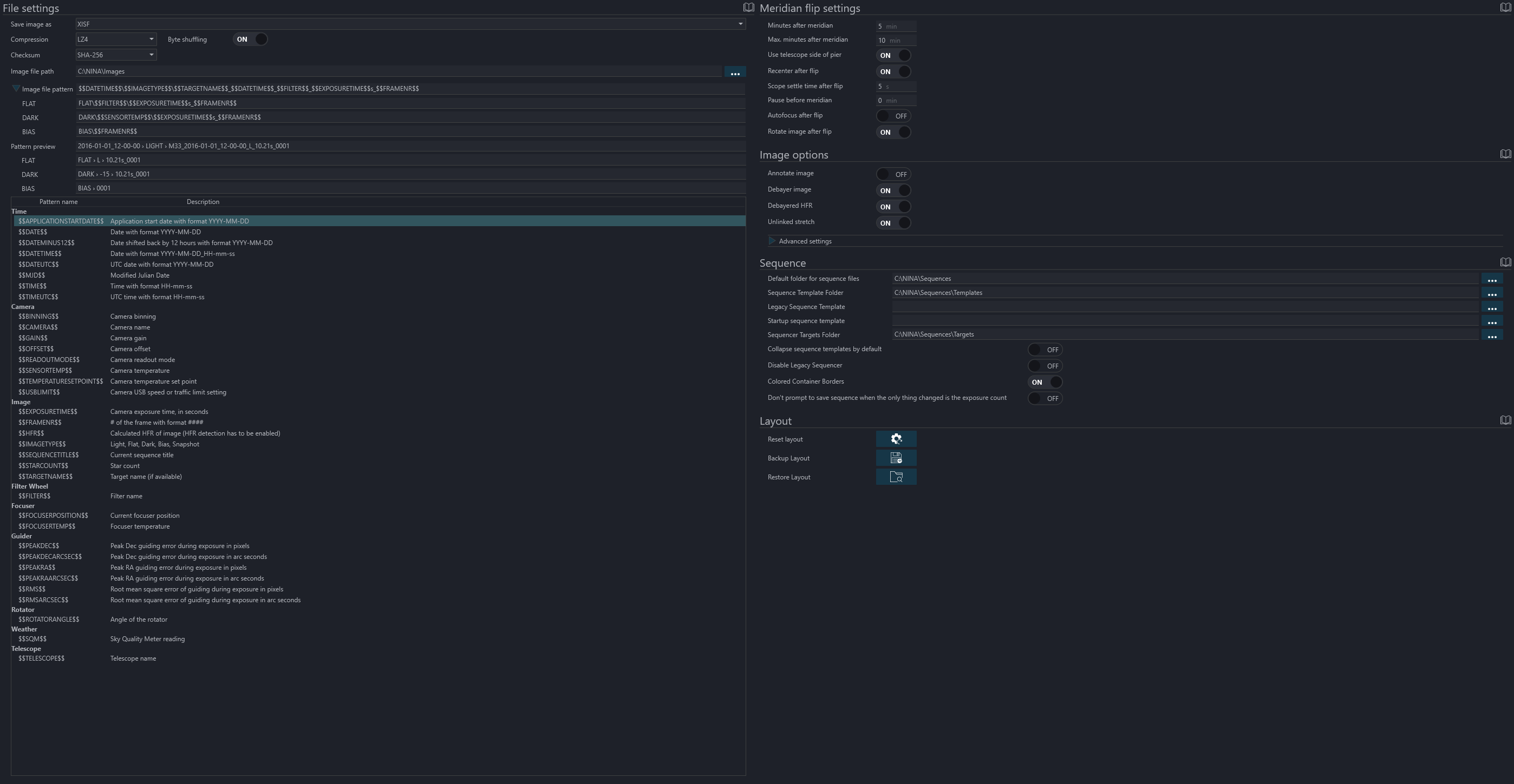 The imaging options tab