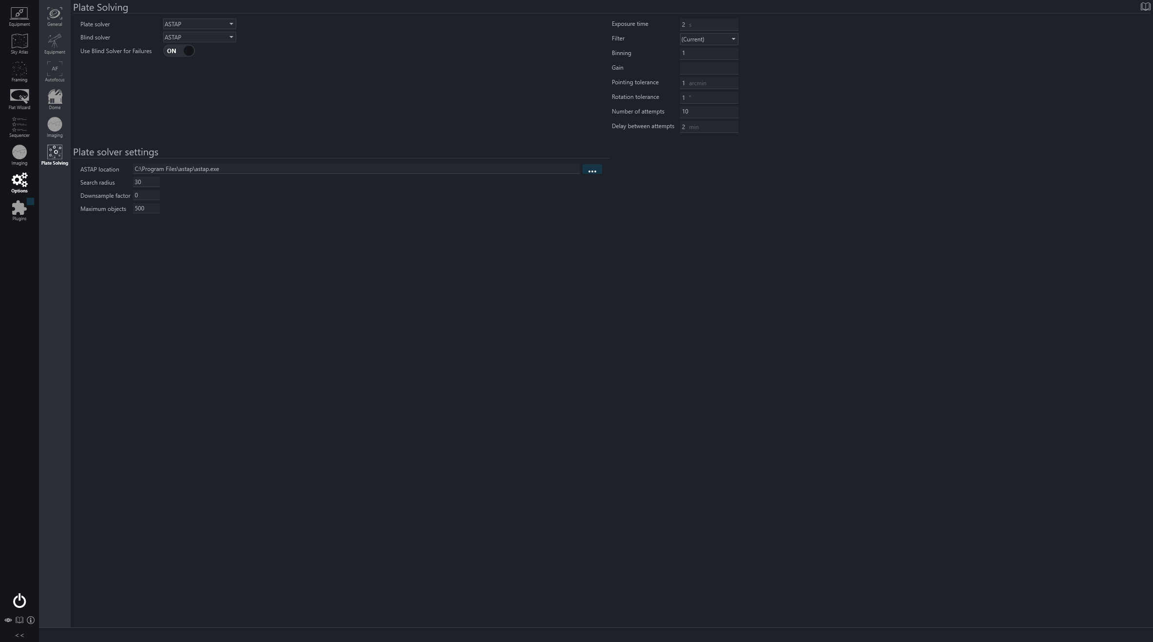 The platesolving options tab