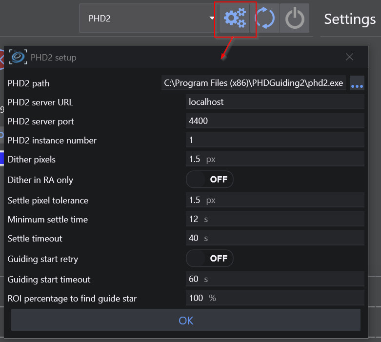 N.I.N.A. PHD2 Settings