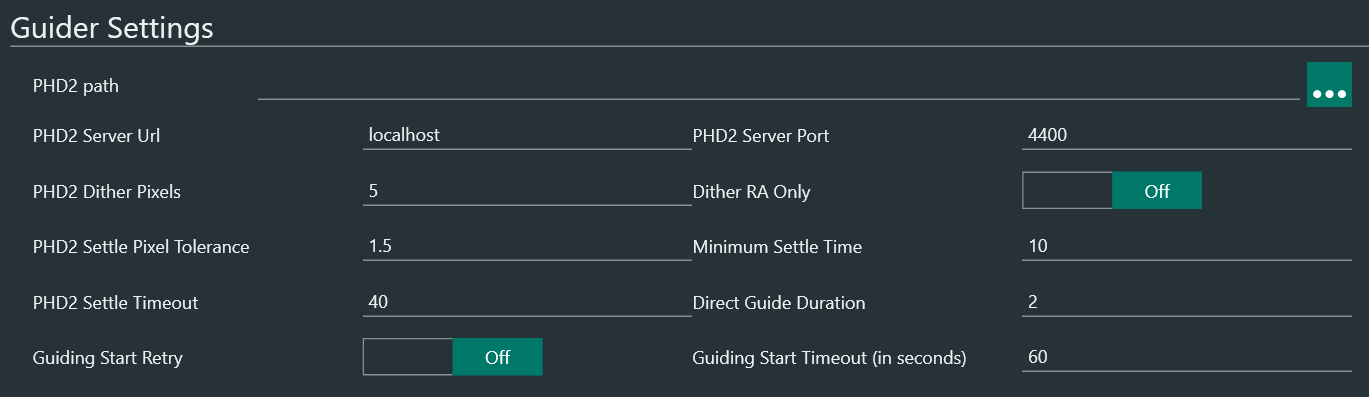 N.I.N.A. PHD2 Settings