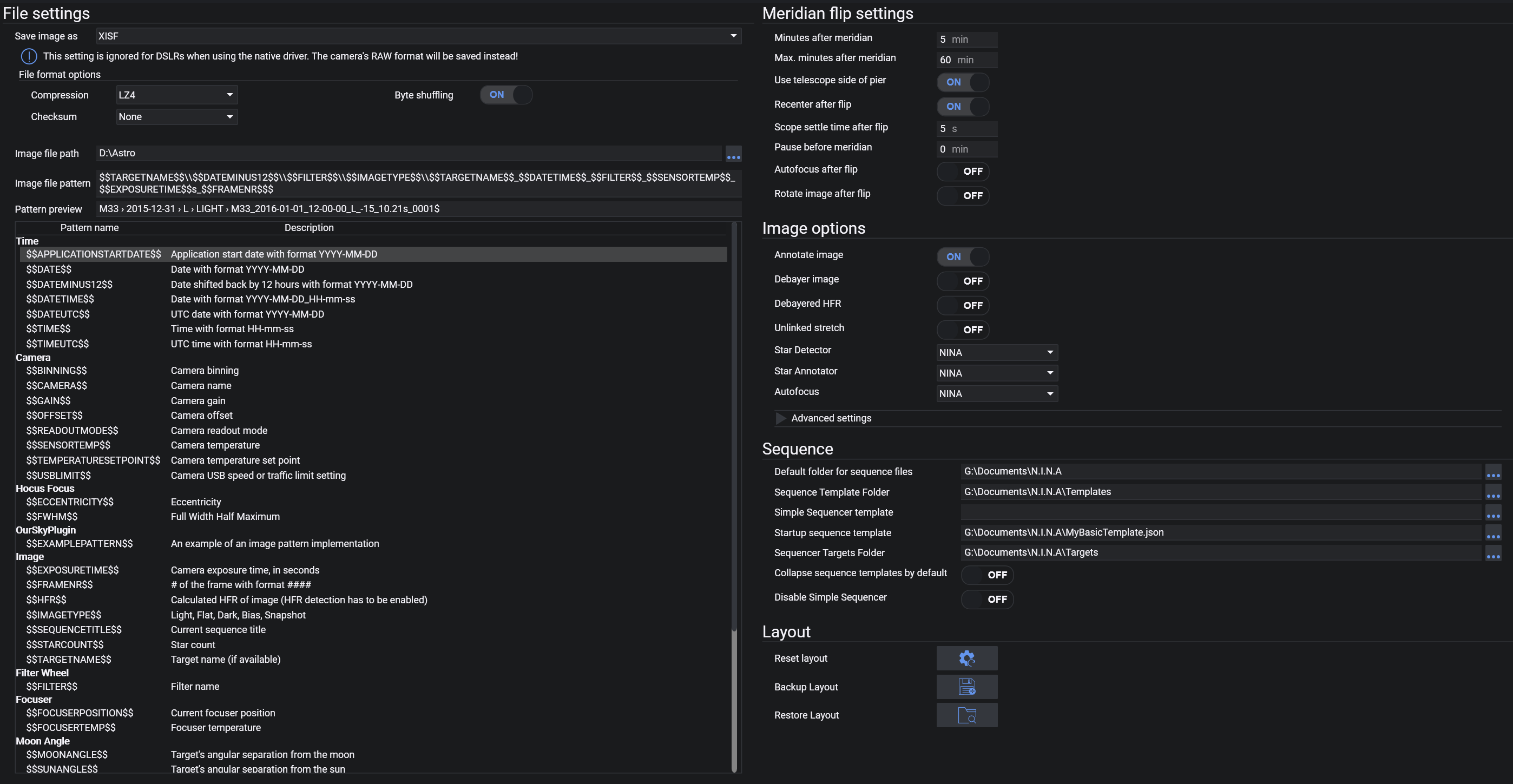 The imaging options tab