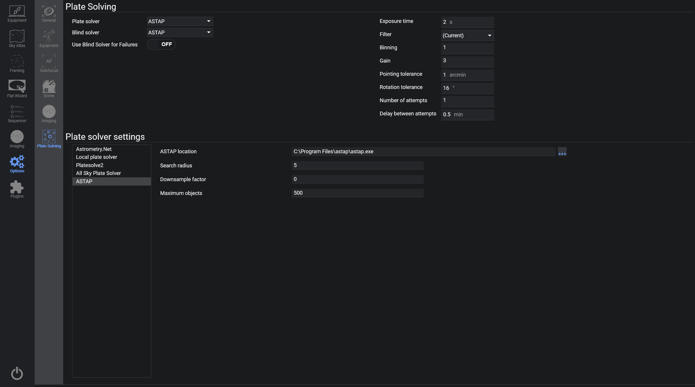 The platesolving options tab